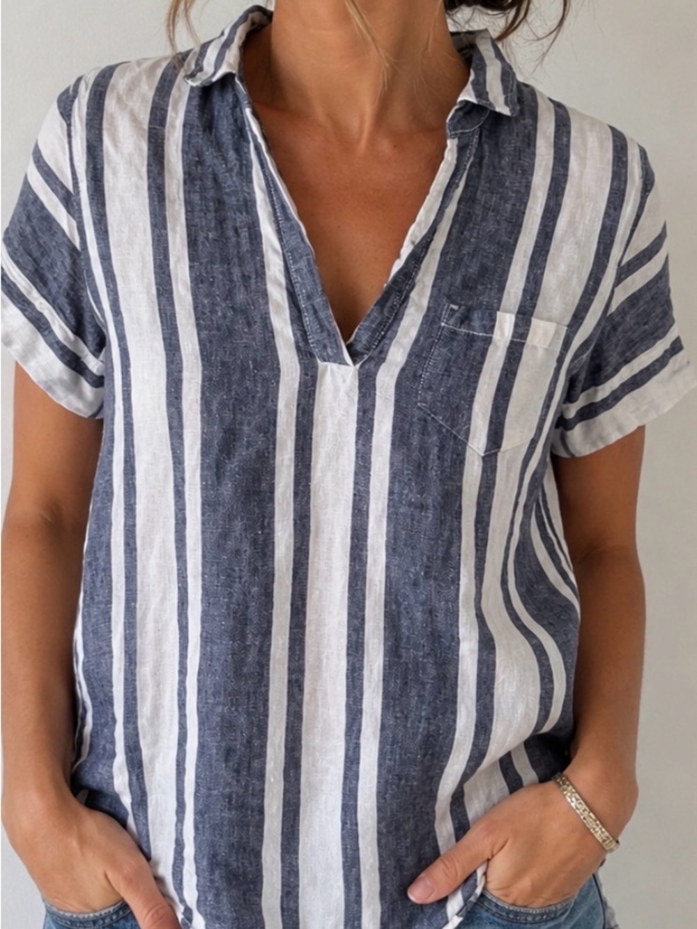 Striped V-Neck 100% Linen Women's J Crew top - Blue & White